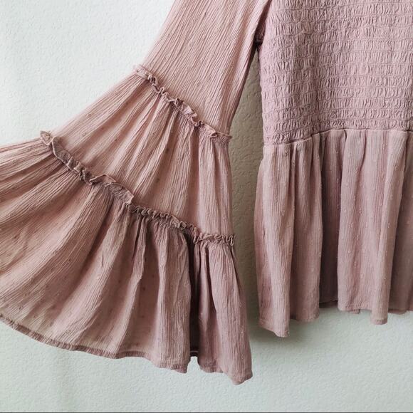 American Eagle pink smocked boho tiered bell sleeve blouse top - Picture 3 of 8